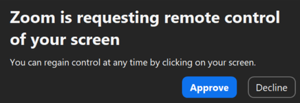 SCREENSHOT: Example of the Zoom remote control request dialog showing a forged name “Zoom” as the requester